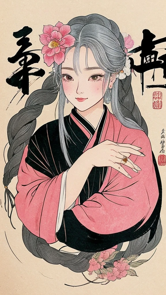Paint a work in the traditional Chinese ink painting style with an emphasis on gold. Among them should be depicted a wise man with gray hair and long hair and sharp eyes of pink color. This sage should be a man with many hands and fingers and multiple faces.
