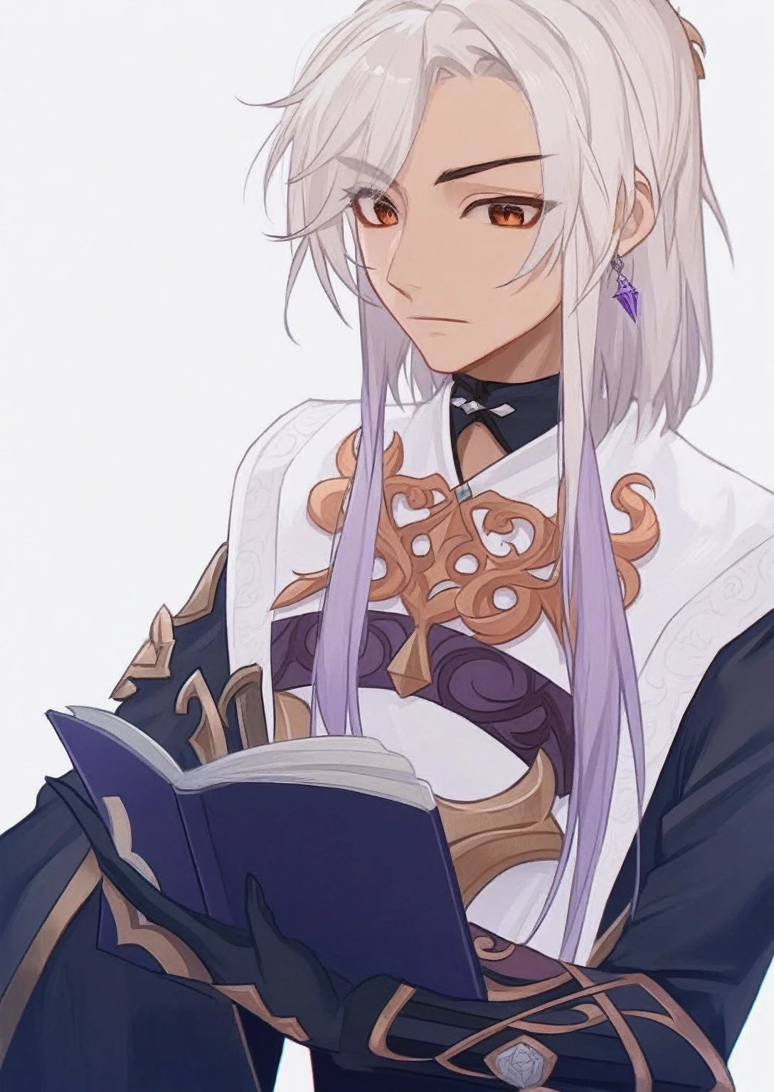 アニメ, um homem de pele oscura com white hair e um livro nas mãos, keqing do impacto genshin, cute androgynous prince, delicate androgynous prince, white hair deity, zhongli do impacto genshin, handsome guy in demon slayer art, genshin, photo of a male cleric, white hair, portrait of thancred, arte detalhada de personagem de アニメ,