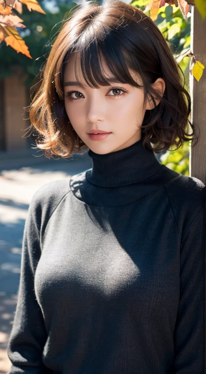 (curly+Brown Hair+Blunt bangs:1.2)、(8K, RAW Photos, Highest quality, Tabletop:1.2), (Realistic, Photorealistic:1.37),One Girl, Professional Lighting, Photon Mapping, Radio City, RAW Photos、(Photorealistic:1.4)、Octane Rendering、Complex 3D rendering with ultra-detail, Studio Soft Light, Rim Light, Vivid details, Super Detail, Realistic skin texture, Detailed aspect, Beautiful details in the eyes, Highly detailed CG Unity 16k wallpaper, compensate, (Detailed Background:1.2),huge 、(Autumn scenery)、evening、(Turtleneck knit)、One Girl、Emotional、Perfect Proportions