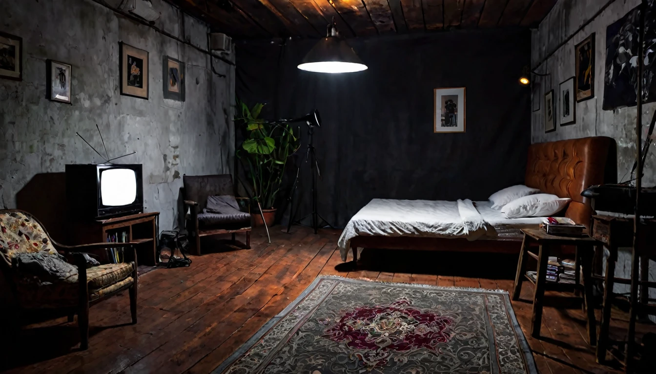 small old studio, dark environment, television, simple bed, sofa, tense atmosphere, no people in the place