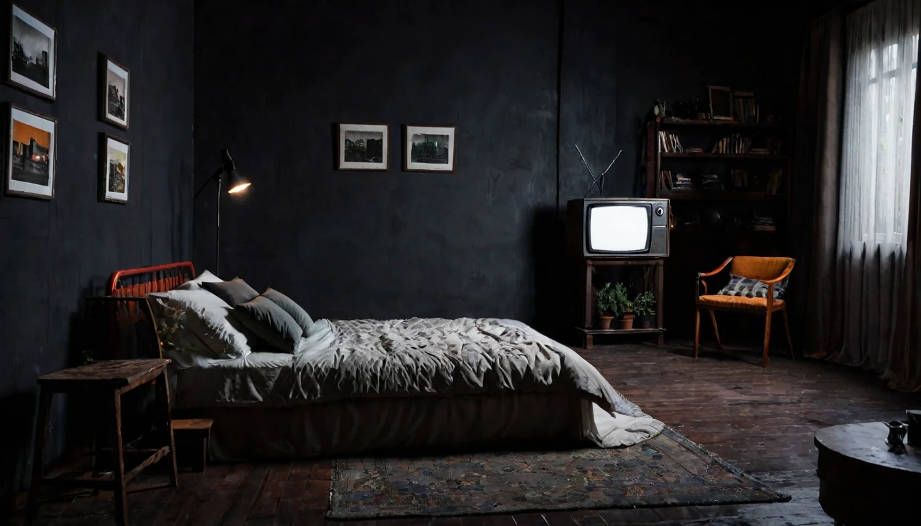 small old studio, dark environment, television, simple bed, sofa, tense atmosphere, no people in the place