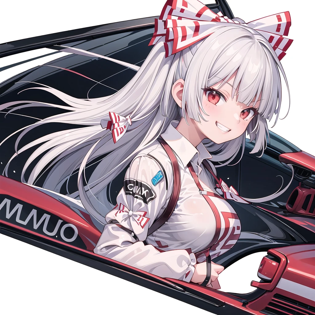 (((one girl))),(((fujiwara no mokou))),(((car racing wear))),(((grin))),(((upper body))),(((large breasts))),(((simple white background))),(((Side angle)))