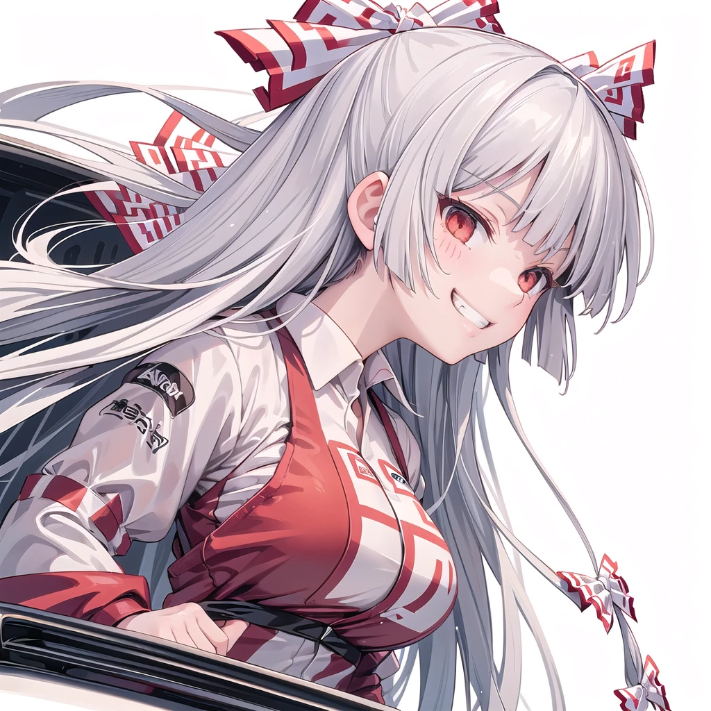 (((one girl))),(((fujiwara no mokou))),(((car racing wear))),(((grin))),(((upper body))),(((large breasts))),(((simple white background))),(((Side angle)))