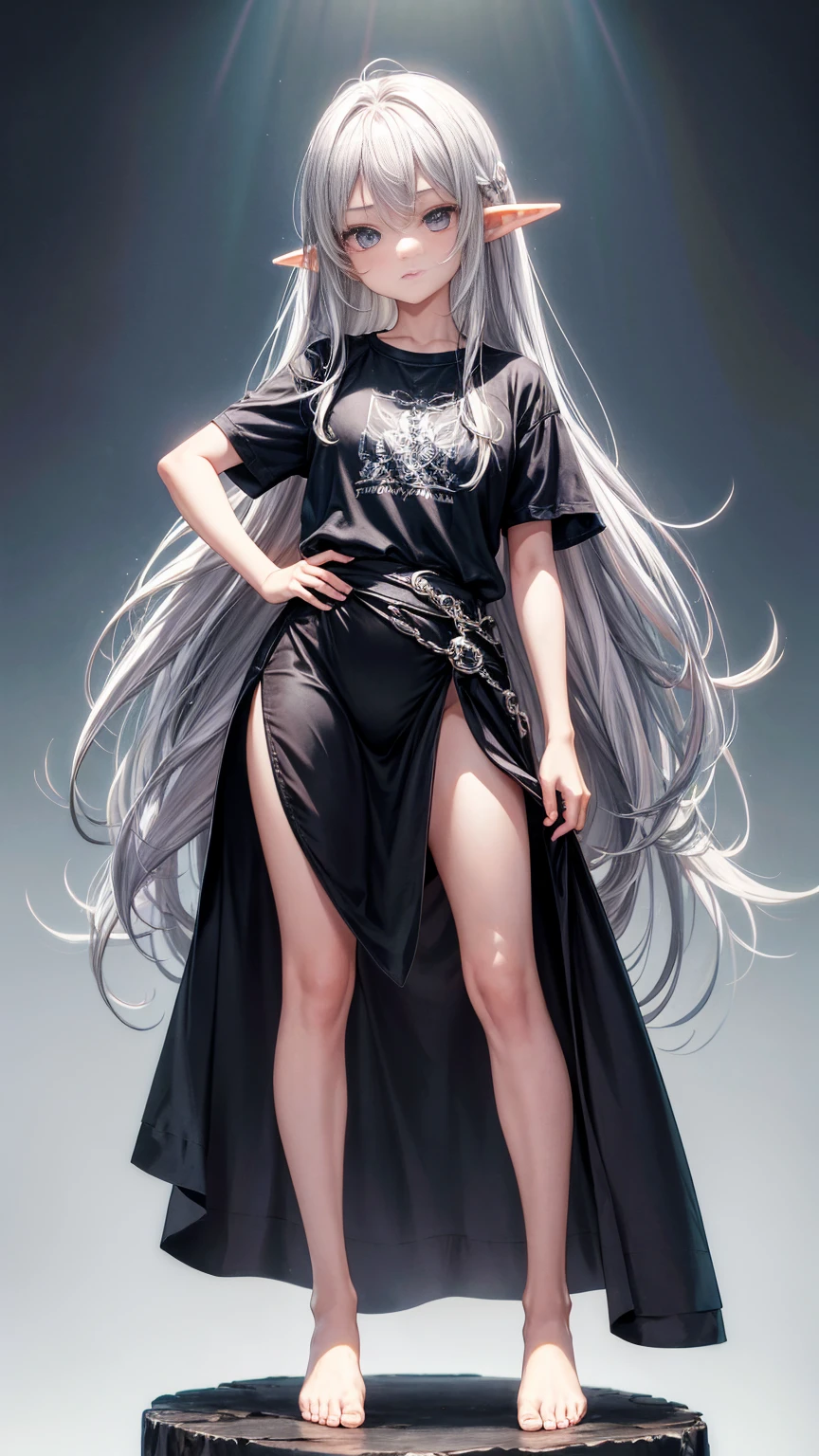 Elf Girl、8-year-old、Medium-long silver hair、Silver Eyes、Big black t-shirt、Short sleeves、No bottoms worn、barefoot、Seductive expression、whole body、Standing posture