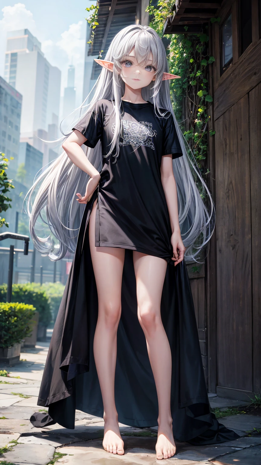 Elf Girl、8-year-old、Medium-long silver hair、Silver Eyes、Big black t-shirt、Short sleeves、No bottoms worn、barefoot、Seductive expression、whole body、Standing posture