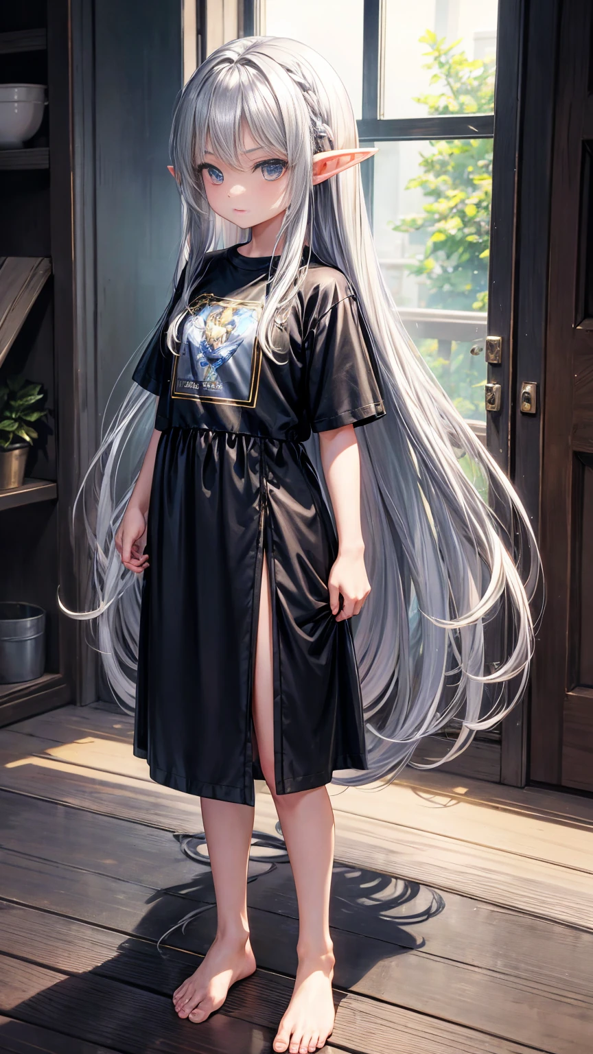 Elf Girl、8-year-old、Medium-long silver hair、Silver Eyes、Big black t-shirt、Short sleeves、No bottoms worn、barefoot、Seductive expression、whole body、Standing posture