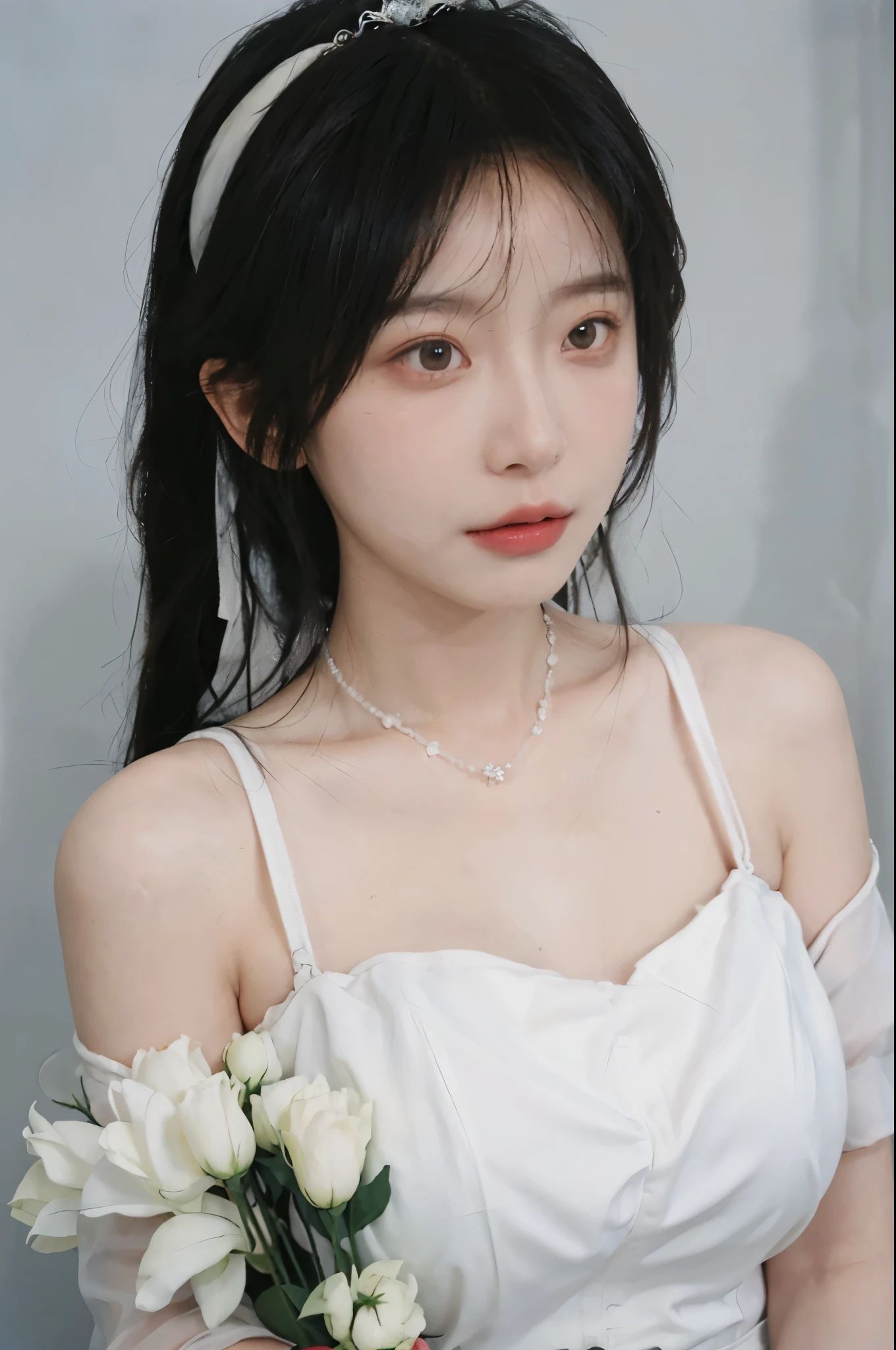 Portrait photography，1 girl，White background，Flowers，White Wedding Dress，White veil，Beautiful wedding dress，Bare shoulders，Lipstick，(Big Breasts:1.6)，Shoulder-Length Wavy Hair，Wear a necklace，Headband，serene，calm，(Realistic and detailed eyes，Natural skin texture，Realistic facial details)，