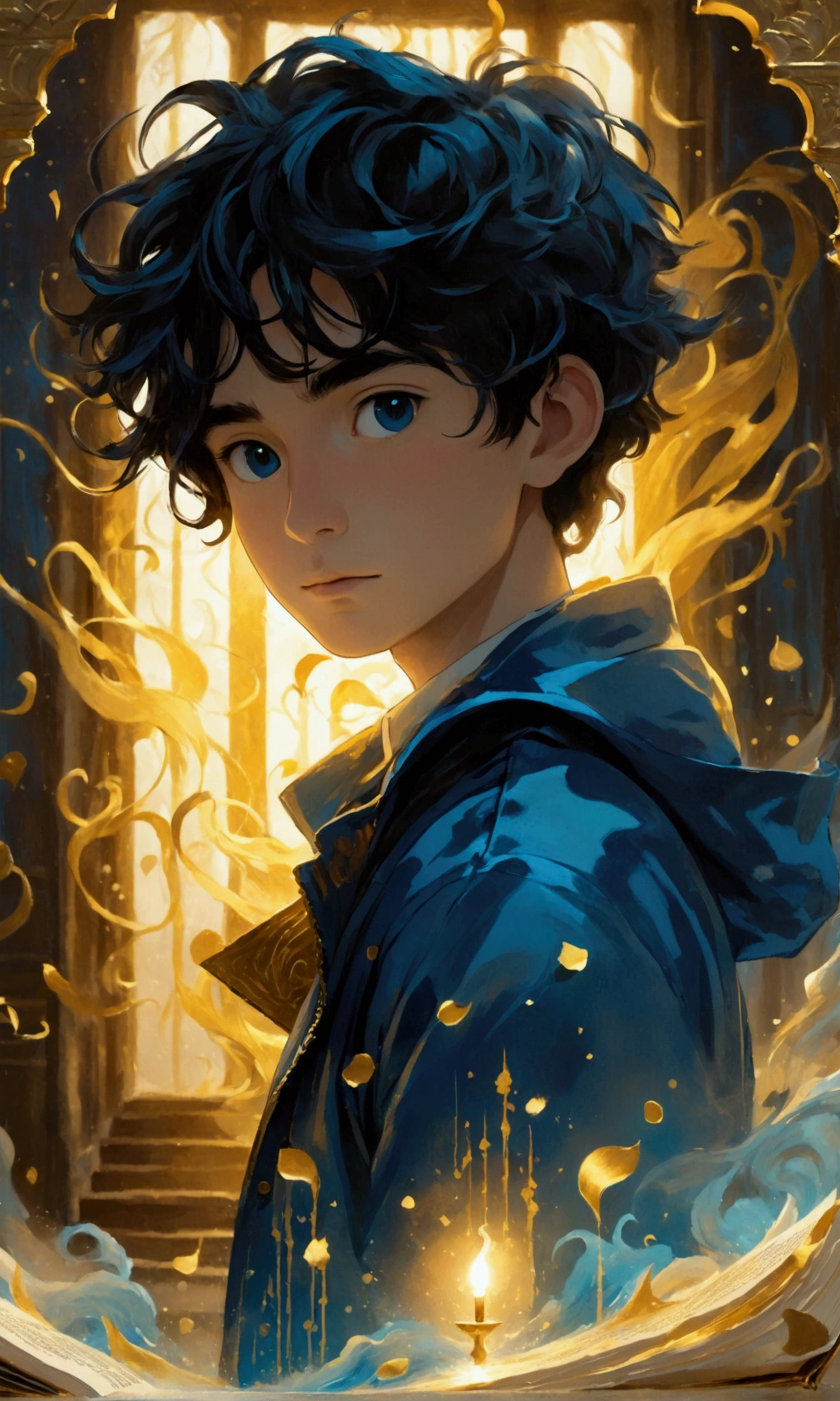 POV, a gold pages pop up book with a paper family crafted in the pages. holded by man with blue jacket. In the background the dark room glows with golden and blue light waves of the book, wind waves the mist of a dark room. Thick wavy Brush strokes, Digital illustration, brush strokes, watercolor, dreamy atmosphere, close up, (best quality, masterpiece) intricate gold patterns in the book