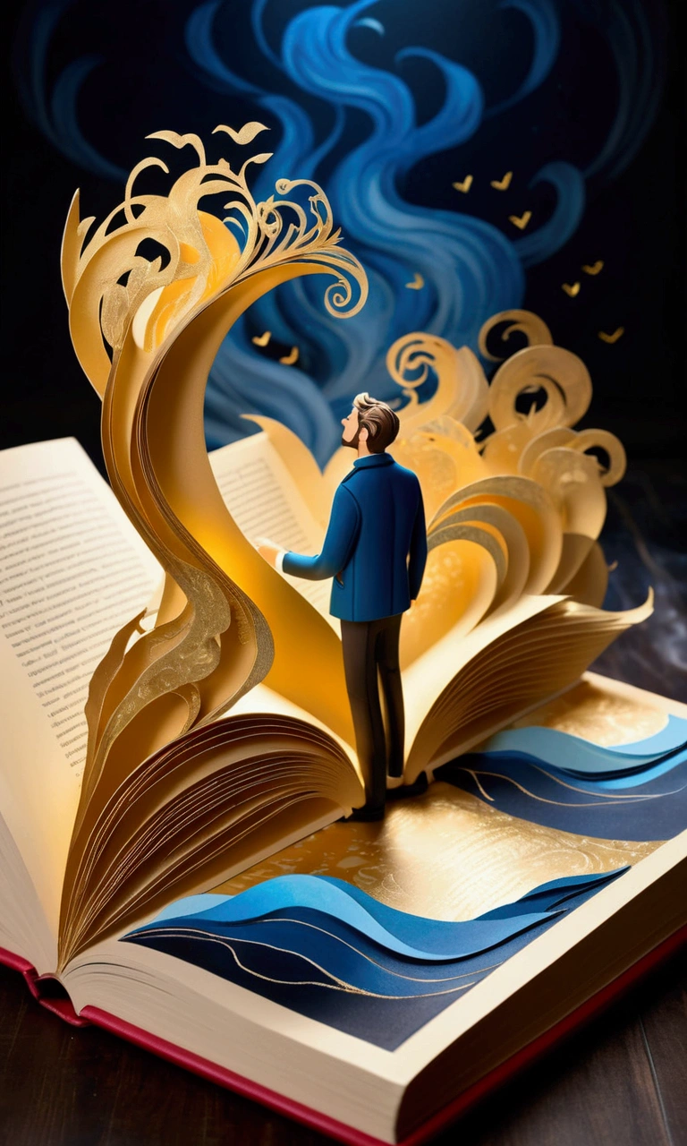 POV, a gold pages pop up book with a paper family crafted in the pages. holded by the hands of man with blue jacket. In the background the book glow with golden and blue light waves illuminating the dark room. burst of wind waves the mist of a dark room. Thick wavy Brush strokes, Digital illustration, brush strokes, watercolor, golden light, dreamy atmosphere, close up, (best quality, masterpiece) intricate gold patterns in the book