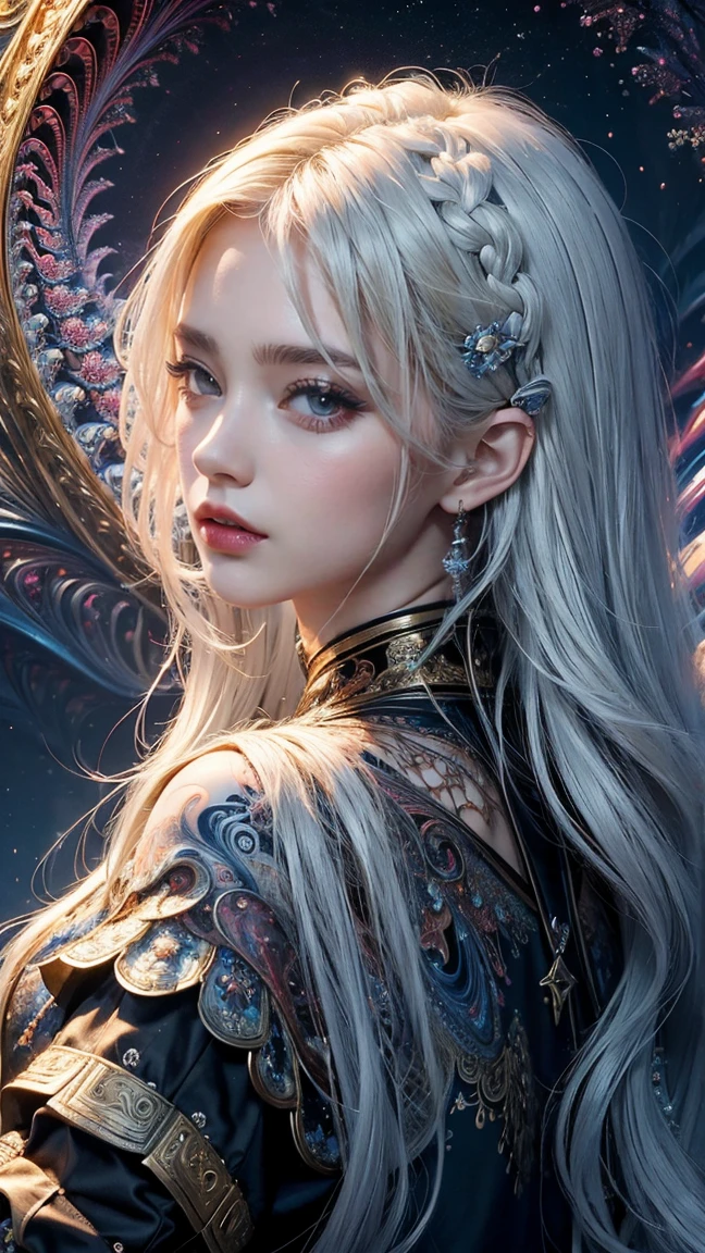 (masterpiece, top quality, best quality, official art, beautiful and aesthetic:1.2), (1girl), extreme detailed, (fractal art:1.3), colorful, highest detailed, wavy white hair, blue eyes