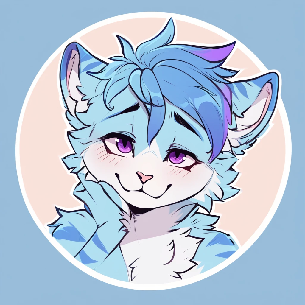 adult, feline, mammal, anthro, anthropomorphic, cat, striped, fur, striped_feline, fur, furred_anthro, femboy, male, light_blue chest cerulean_hair, fluffy, ears, azure_blue_ears, purple_eyes, cerulean_hair, expressive eyes, feline_ears, azure_blue_fur, light_blue_chest, shy, small_pupils, digital_art, high_resolution, high_res, hand-drawn, pencil_lines, head_visible, background, neck_visible, seductive_face, white_outline, detailed_line_work, profile_picture, head_visible, tail