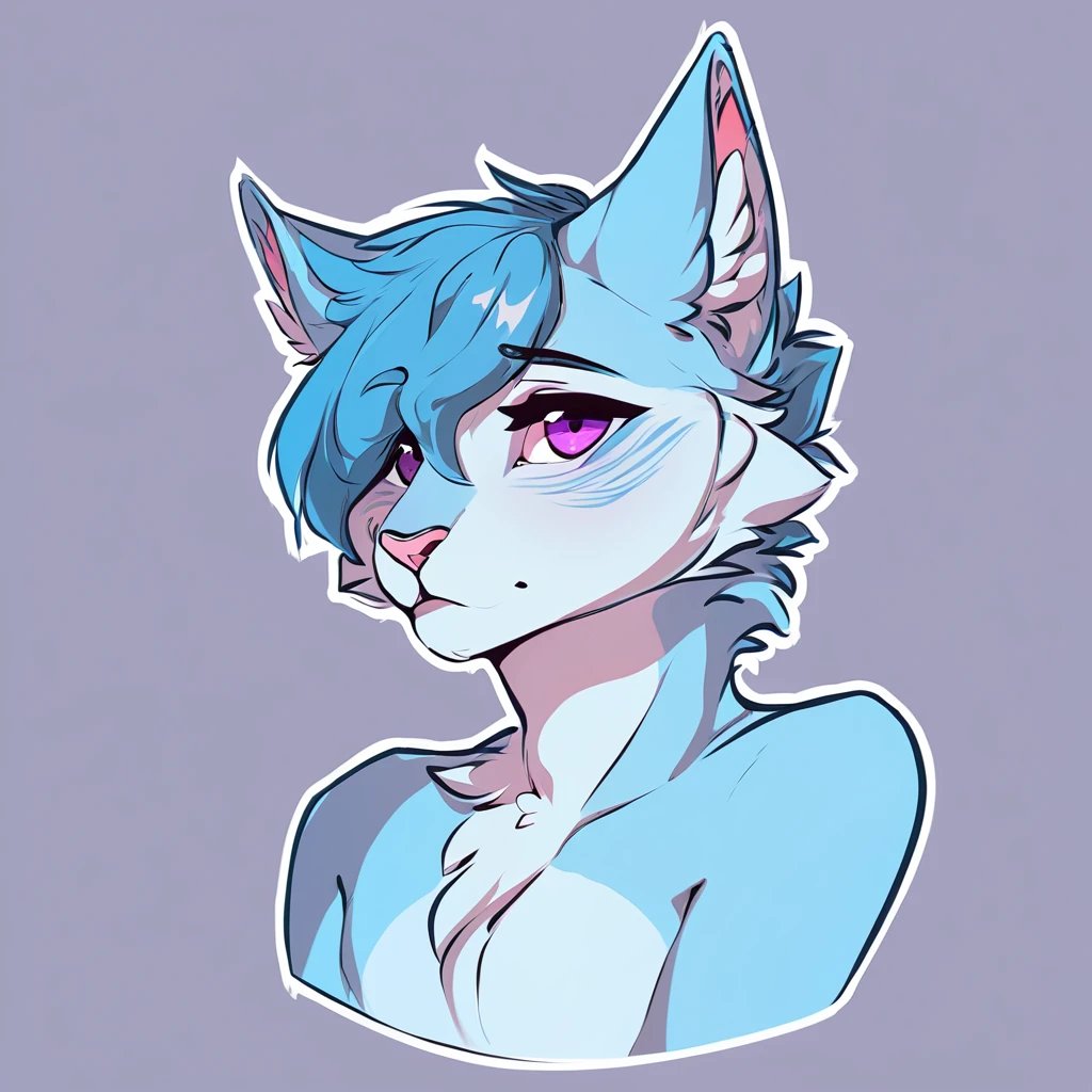 adult, feline, mammal, anthro, anthropomorphic, cat, striped, fur, striped_feline, fur, furred_anthro, femboy, male, light_blue chest cerulean_hair, fluffy, ears, azure_blue_ears, purple_eyes, cerulean_hair, expressive eyes, feline_ears, azure_blue_fur, light_blue_chest, shy, small_pupils, digital_art, high_resolution, high_res, hand-drawn, pencil_lines, head_visible, background, neck_visible, seductive_face, white_outline, detailed_line_work, profile_picture, head_visible, tail