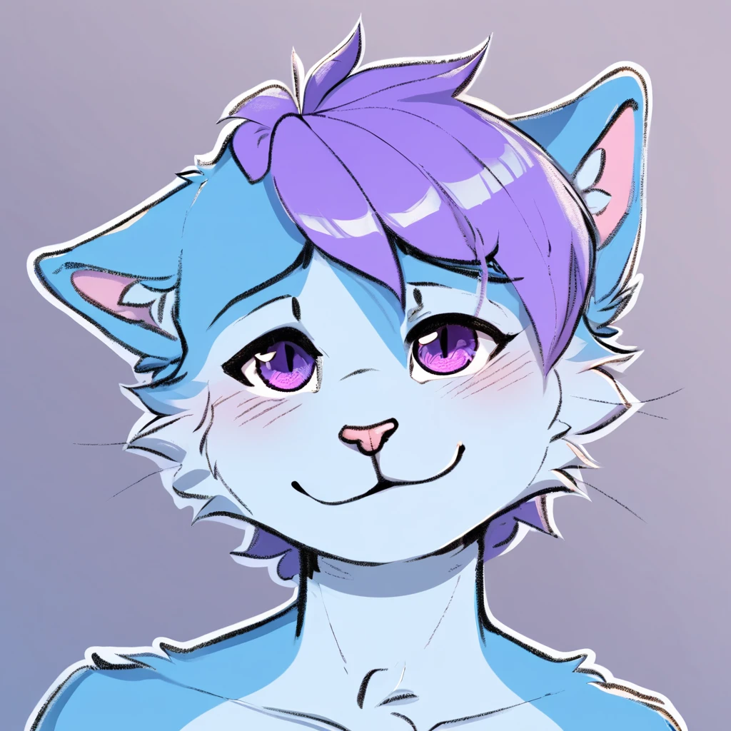 adult, feline, mammal, anthro, anthropomorphic, cat, striped, fur, striped_feline, fur, furred_anthro, femboy, male, light_blue chest cerulean_hair, fluffy, ears, azure_blue_ears, purple_eyes, cerulean_hair, expressive eyes, feline_ears, azure_blue_fur, light_blue_chest, shy, small_pupils, digital_art, high_resolution, high_res, hand-drawn, pencil_lines, head_visible, background, neck_visible, seductive_face, white_outline, detailed_line_work, profile_picture, head_visible, tail