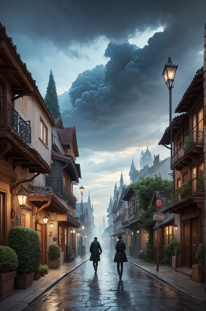 The drawing style appears to be fantastical realism or surrealism. The image combines realistic elements, like the person walking down the street, with fantastic and magical elements, like the gnarled trees and the cloudy sky. This mix of reality and fantasy is characteristic of these artistic styles..