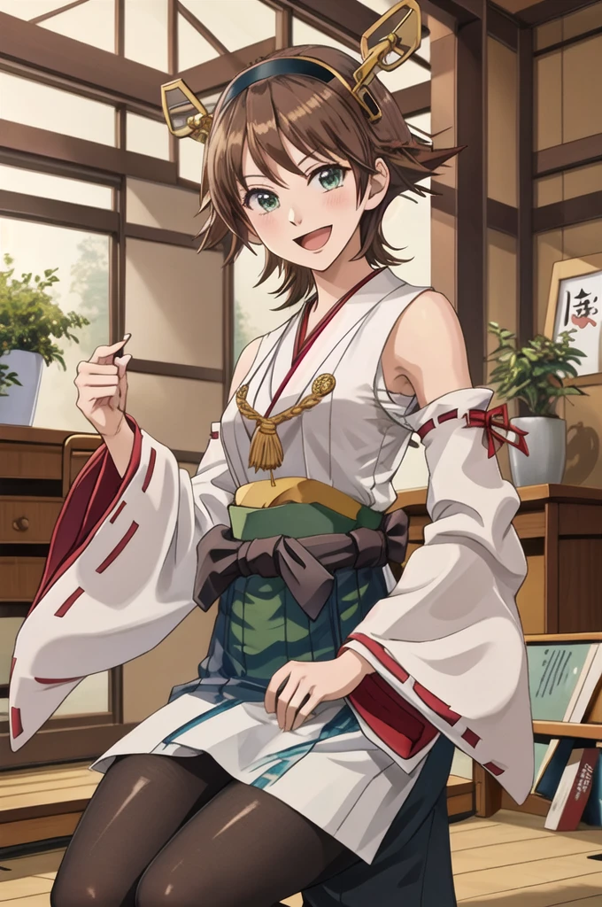 Highest quality, masterpiece, High resolution, 一人in, {Hiei Kai-2_Fleet Collection:1.15}, brown_hair, short_hair, hairband, headgear, Non-traditional_Shrine maiden, smile, green_eye, Inverted up_hair, Open_mouth, One girl, independent_sleeve, Japanese_Clothes, Looking_in_Audience, ribbon-trimmed_sleeve, ribbon_trim, whole body, , (indoor, office, living room),