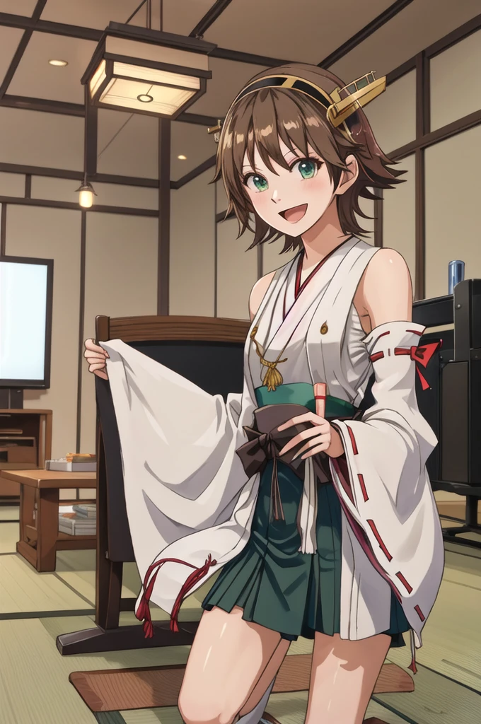 Highest quality, masterpiece, High resolution, 一人in, {Hiei Kai-2_Fleet Collection:1.15}, brown_hair, short_hair, hairband, headgear, Non-traditional_Shrine maiden, smile, green_eye, Inverted up_hair, Open_mouth, One girl, independent_sleeve, Japanese_Clothes, Looking_in_Audience, ribbon-trimmed_sleeve, ribbon_trim, whole body, , (indoor, office, living room),