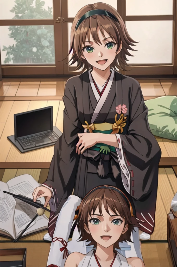 Highest quality, masterpiece, High resolution, 一人in, {Hiei Kai-2_Fleet Collection:1.15}, brown_hair, short_hair, hairband, headgear, Non-traditional_Shrine maiden, smile, green_eye, Inverted up_hair, Open_mouth, One girl, independent_sleeve, Japanese_Clothes, Looking_in_Audience, ribbon-trimmed_sleeve, ribbon_trim, whole body, , (indoor, office, living room),