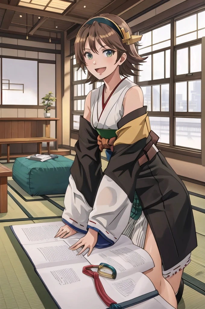 Highest quality, masterpiece, High resolution, 一人in, {Hiei Kai-2_Fleet Collection:1.15}, brown_hair, short_hair, hairband, headgear, Non-traditional_Shrine maiden, smile, green_eye, Inverted up_hair, Open_mouth, One girl, independent_sleeve, Japanese_Clothes, Looking_in_Audience, ribbon-trimmed_sleeve, ribbon_trim, whole body, , (indoor, office, living room),