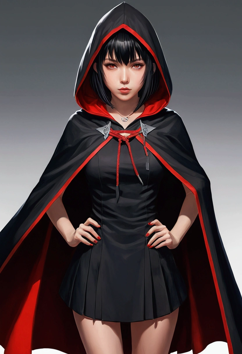 1 girl, Black hair with red tips, short hair with bangs, black dress or skirt, black large cape hood, with a kunai in his hand, anime style