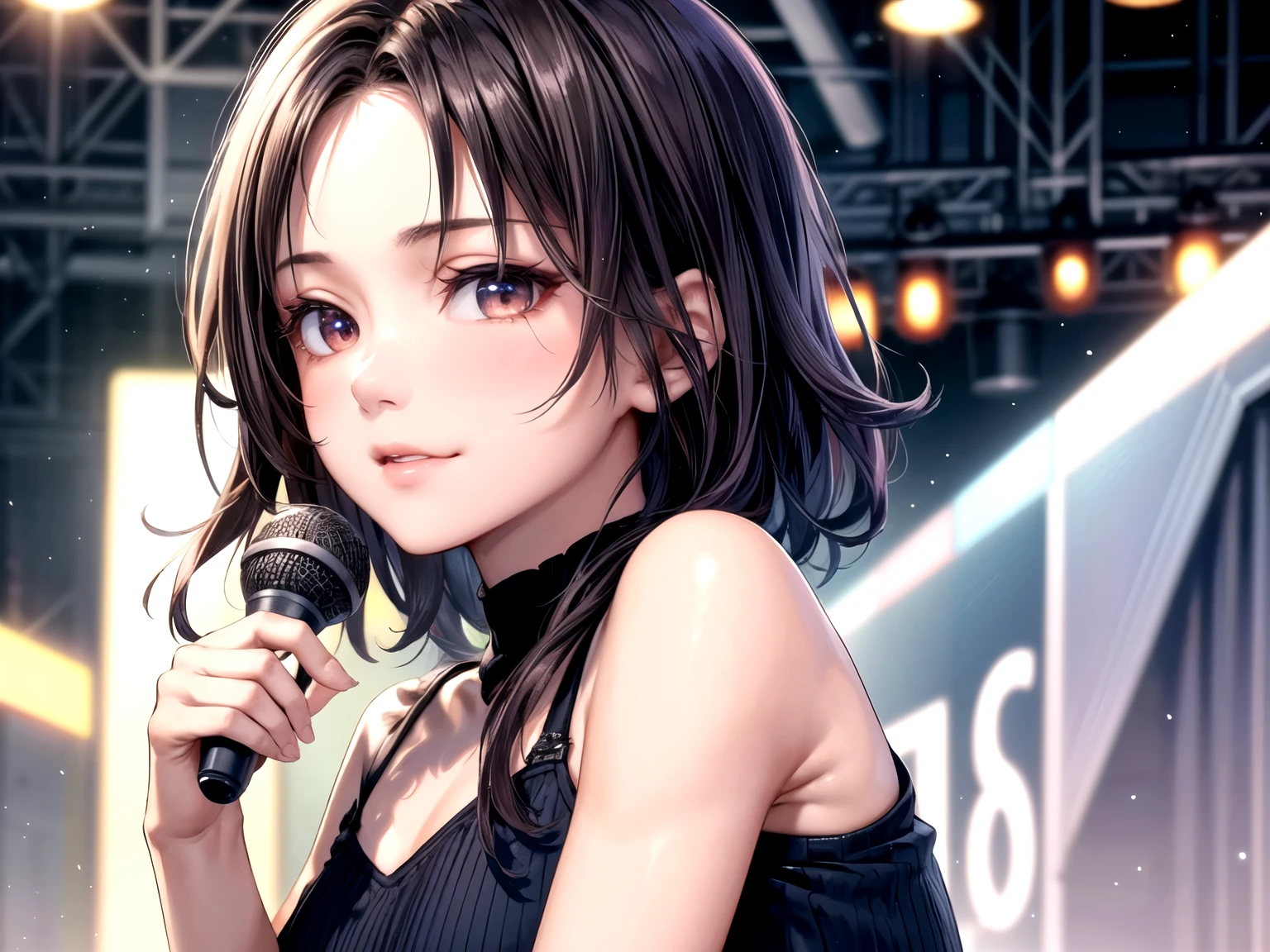 ((Best of the highest quality, 8k, Masterpiece, raw photo: 1.1)), (Sharp focus: 1.1), (1 AESPA, slim body type female, 22 y/o: 1.1), solo, Portrait Waist Up, (realistic, photo-realistic:1.37), face focus, finely small eyes, (forehead, short messy hair: 1.28), (sharp chin, droopy eyes: 1.32), (Emphasize prominent aegyo-sal with bright: 1.28), shimmering eyeshadow applied under the lower lash line, paired with thick, (small breasts, flat chest: 1.2), T-shirt, walking on stage, microphone, flower,