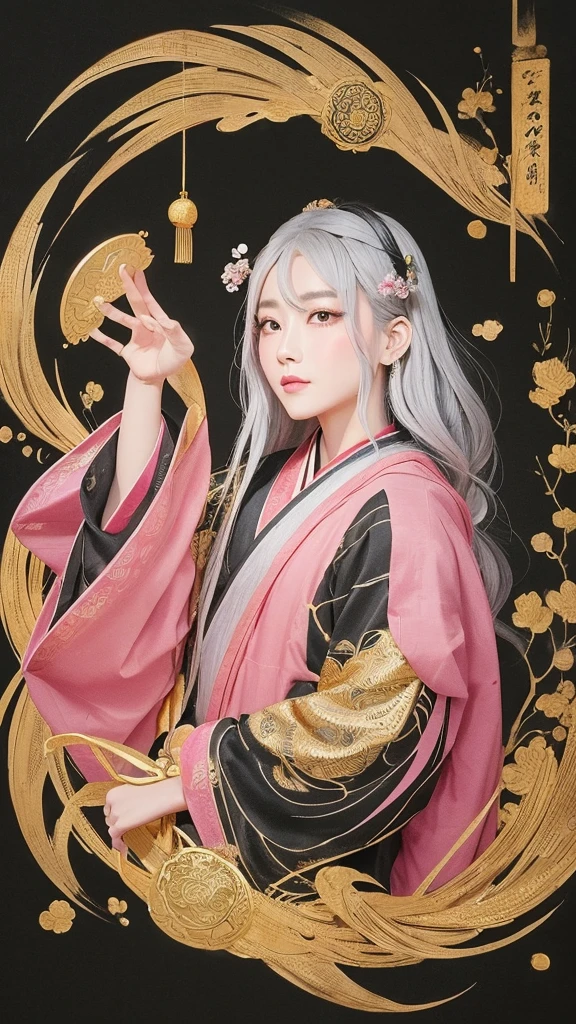 Paint a work in the traditional Chinese ink painting style with an emphasis on gold. Among them should be depicted a wise man with gray hair and long hair and sharp eyes of pink color. This sage should be a man with many hands and fingers and multiple faces.