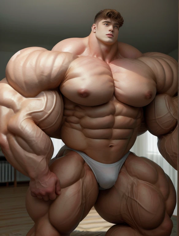 1boy, giant, alone, giant bodybuilder, illuminating light, strong body, bulk, large size, slouching on wall, in white interior studio, indoor, , nude,te triangular underwear, huge prominent bulge, extraordinary big, brutalmass, giant muscular body, bulk, buff, massive body, large meaty body size, extremely wide body