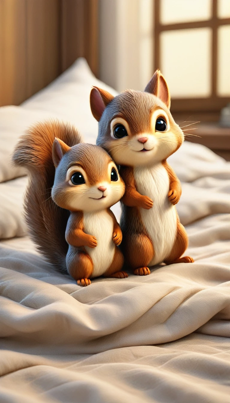 With the sunset in the background,(masterpiece:1.2, high quality), Two baby squirrels sleeping together in bed、