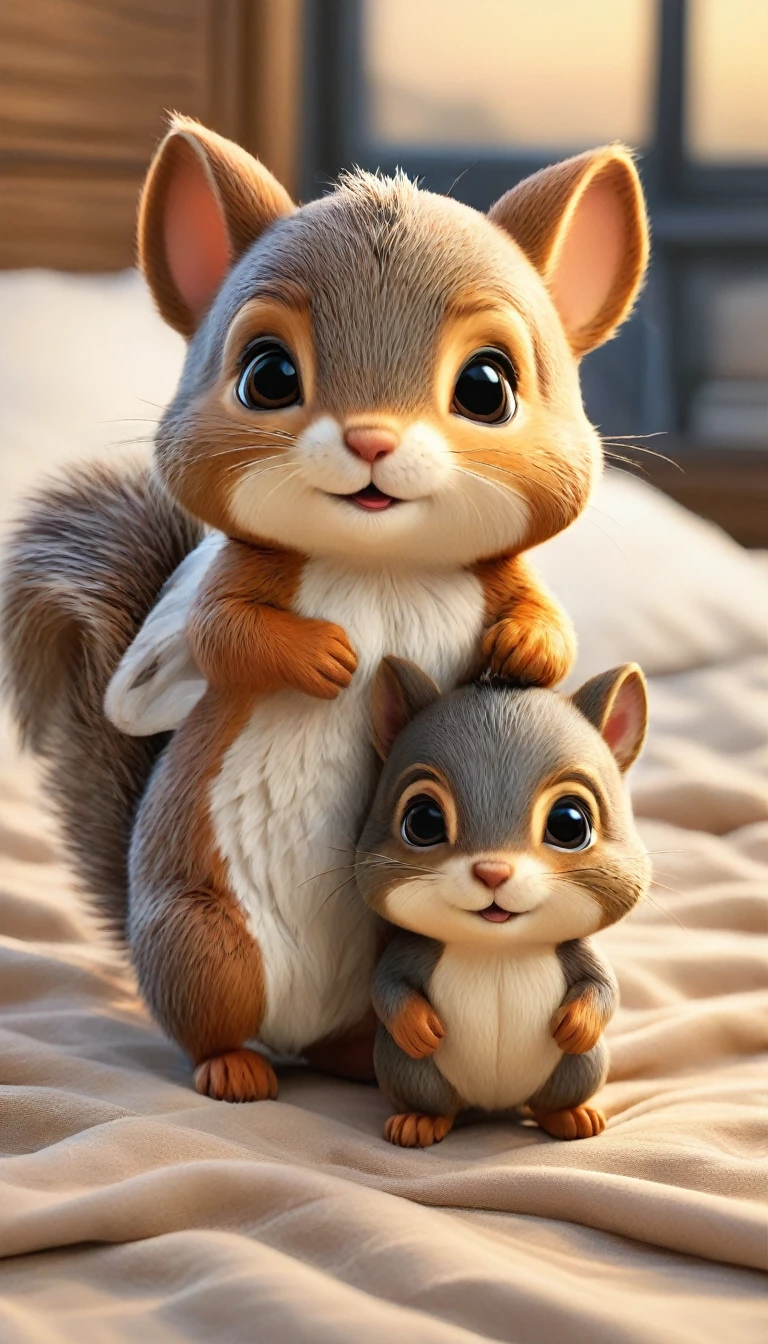 With the sunset in the background,(masterpiece:1.2, high quality), Two baby squirrels sleeping together in bed、