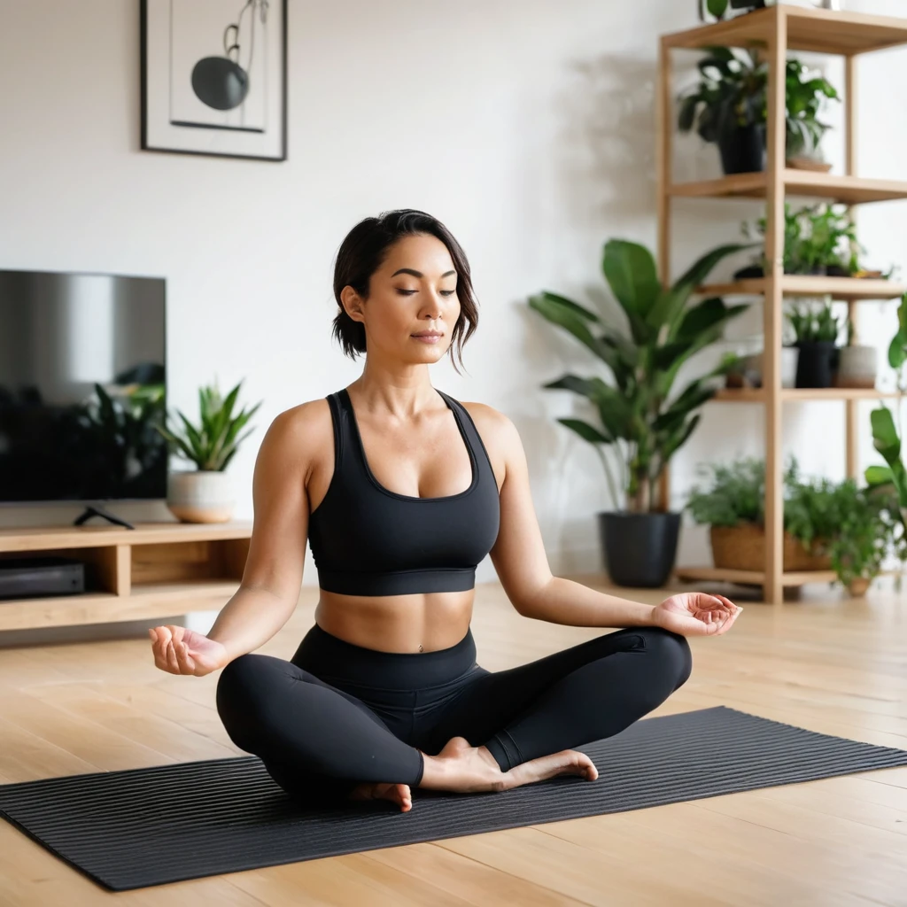 A woman is sitting cross-legged on a yoga mat in a modern living room, meditating. She is wearing a black sports bra with white stripes and black leggings. The room has a stylish wooden shelf with plants and decorative items, and a flat-screen TV is mounted on the wall. The lighting is soft and natural, creating a calm and peaceful atmosphere.