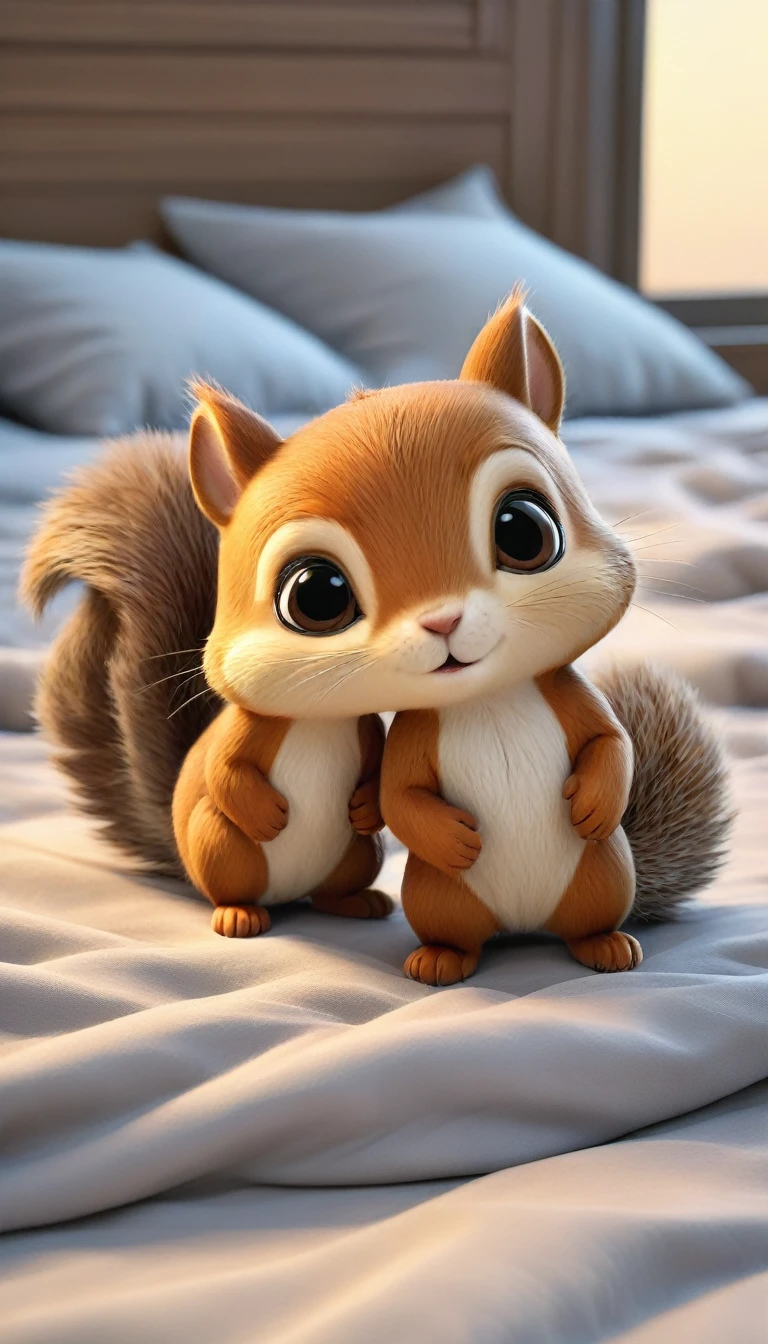 With the sunset in the background,(masterpiece:1.2, high quality), Two baby squirrels sleeping together in bed、
