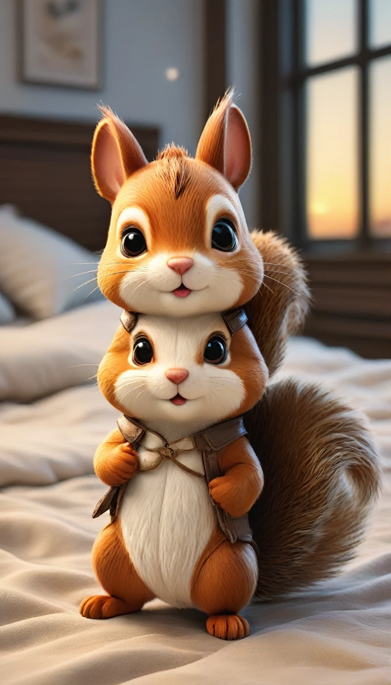 With the sunset in the background,(masterpiece:1.2, high quality), Two baby squirrels sleeping together in bed、