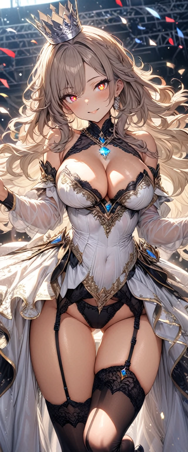 (masterpiece), best quality, expressive eyes, perfect face,1girl,(black and white elegant dress:1.3,white showgirl skirt)),big breats,(thigh gap:1.5),(silver crown),crystal amulet,concert stage,confetti in the air,garter belt,high heels,long hair,wavy hair,cleavage,looking at viewer,light smile, eyeshadows, eye liner,glistening eyes, hyper detailed eyes, intricate eyes, beautiful eye, ((glowing red pupils))、standing,head tilt,standing on one leg,sexy pose,smiles