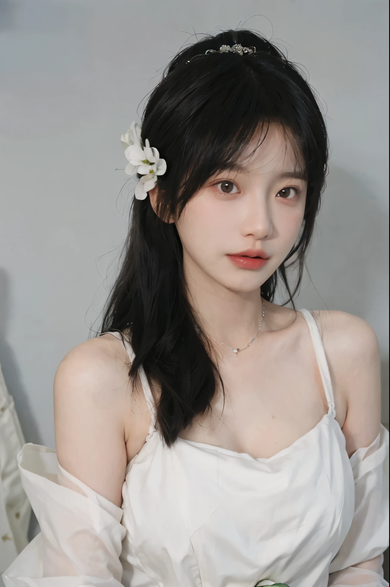 Portrait photography,1 girl,White background,Flowers,White Wedding Dress,White veil,Beautiful wedding dress,Bare shoulders,Lipstick,(Big Breasts:1.6),Shoulder-Length Wavy Hair,Wear a necklace,Headband,serene,calm,(Realistic and detailed eyes,Natural skin texture,Realistic facial details),