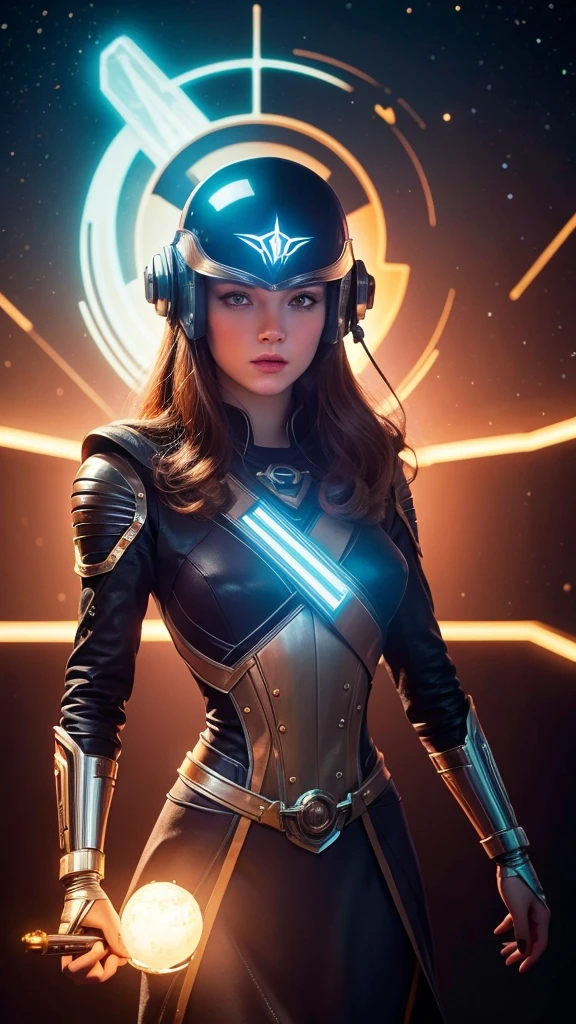 there is a painting of a girl with a helmet on, stephen hickman, synthwave art style ]!!, cinemascope panorama, atompunk, epically luminous image, pioneering aesthetic, spelljammer, futuristic france, juan gimenez, trending on artstaion, by Julian Allen, 7 0 s palette, maximalism. stunning, from a 2 0 1 9 sci fi 8 k movie  