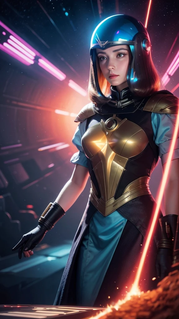 there is a painting of a girl with a helmet on, stephen hickman, synthwave art style ]!!, cinemascope panorama, atompunk, epically luminous image, pioneering aesthetic, spelljammer, futuristic france, juan gimenez, trending on artstaion, by Julian Allen, 7 0 s palette, maximalism. stunning, from a 2 0 1 9 sci fi 8 k movie  