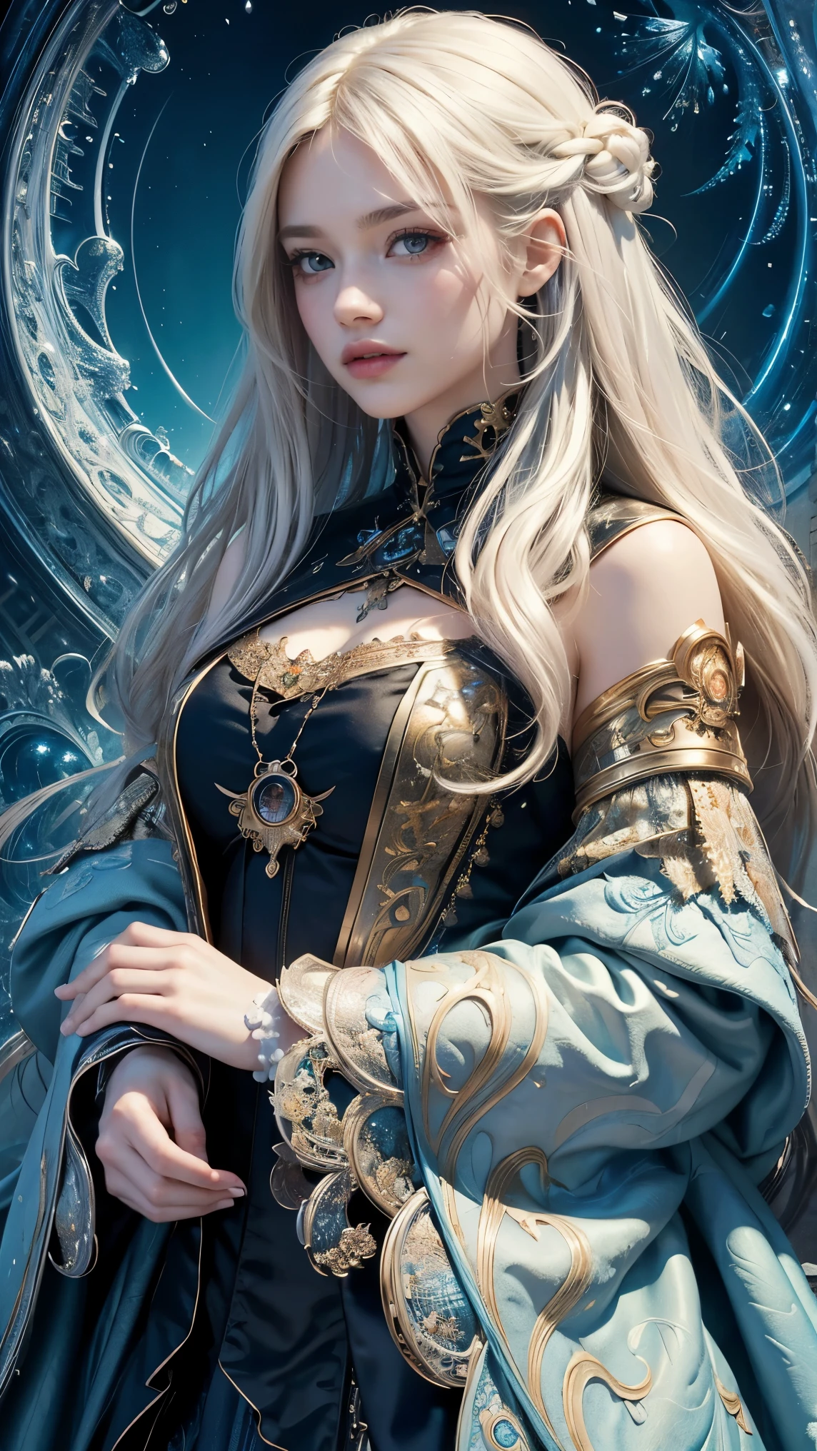 (masterpiece, top quality, best quality, official art, beautiful and aesthetic:1.2), (1girl), extreme detailed, (fractal art:1.3), colorful, highest detailed, wavy white hair, blue eyes