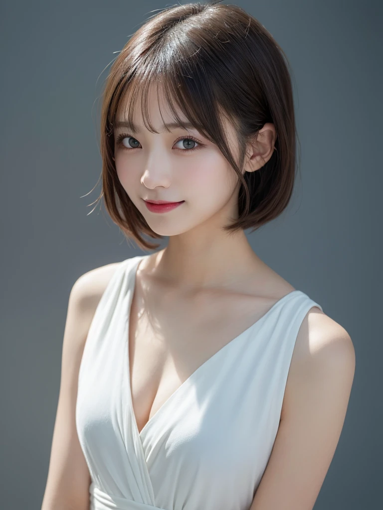 masutepiece, Best Quality, Illustration, Ultra-detailed, finely detail, hight resolution, 8K Wallpaper, Perfect dynamic composition, Beautiful detailed eyes, doress, short Hair, mid-chest, Natural Color Lip, Random and sexy poses,Smile, Blurred white studio background、20 years girl、Colossal 、Too much exposure、No shoulder dress（black）、Exposing the chest、Slid、I keep my hair tied up