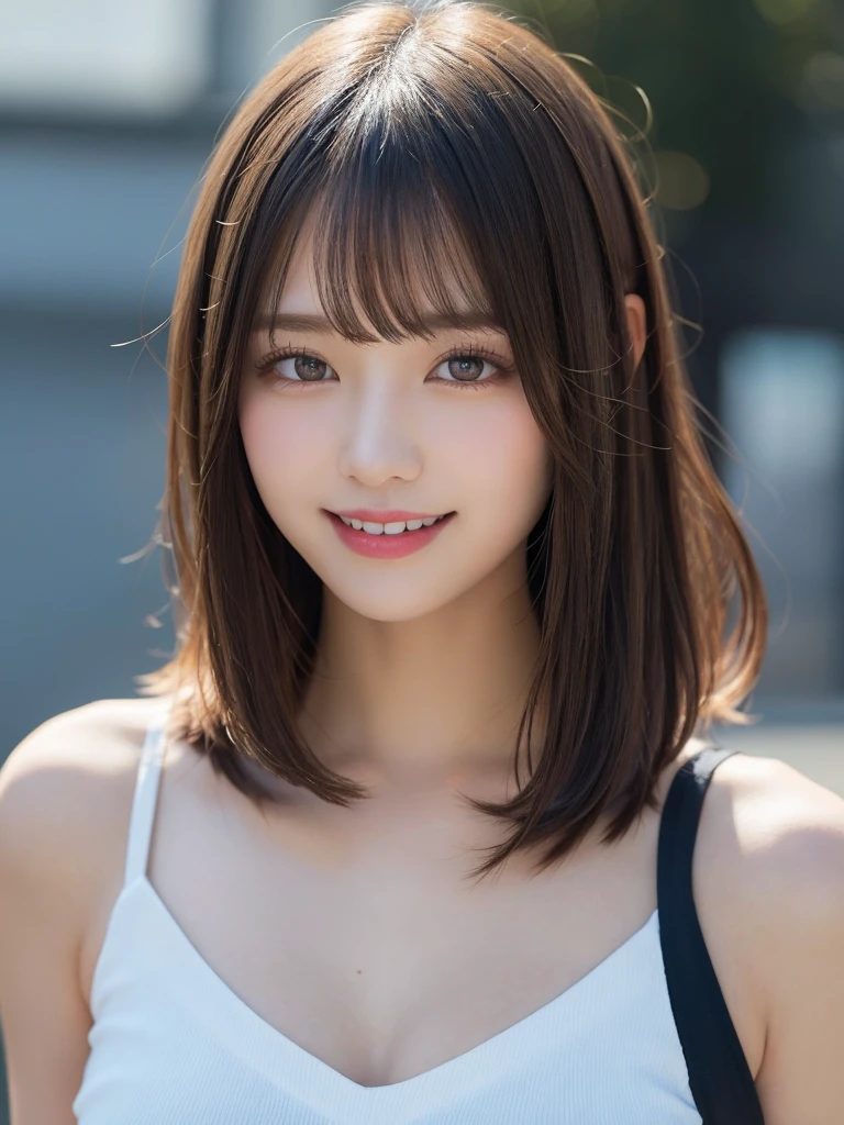 masutepiece, Best Quality, Illustration, Ultra-detailed, finely detail, hight resolution, 8K Wallpaper, Perfect dynamic composition, Beautiful detailed eyes, doress, short Hair, mid-chest, Natural Color Lip, Random and sexy poses,Smile, Blurred white studio background、20 years girl、Colossal 、Too much exposure、No shoulder dress(black)、Exposing the chest、Slid、I keep my hair tied up
