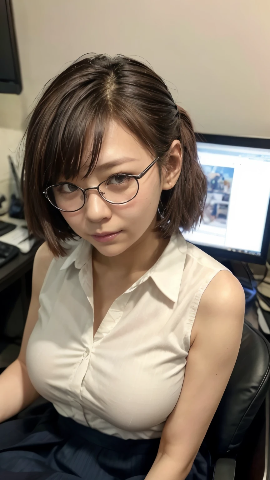 (Japanese girl concentrating on her work、Staring at the monitor、Working on a computer、Japan Office)、(Realistic、Like a photograph、Live Action、8K, Realistic, RAW Photos, Best image quality: 1.4), Single-lens reflex camera、RAW Photos, Highest quality, Realistic, Very detailedな CG Unity 8K 壁紙, Written boundary depth, Cinematic Light, Lens flare, Ray Tracing, Realistic background、(Wear glasses、Sleeveless buttoned shirt:1.4、(Long skirt:1.5)、Big Breasts)、((ultra high density skin))、 Cute Japanese Woman、((whole body:1.5),short hair:1.2、Short Ponytail、tie your hair with a hair clip、I like that style、stylish、Very detailed、Pay attention to the details、Perfect outfit、(Sunburned skin)、View from above、View from the seat a little far away