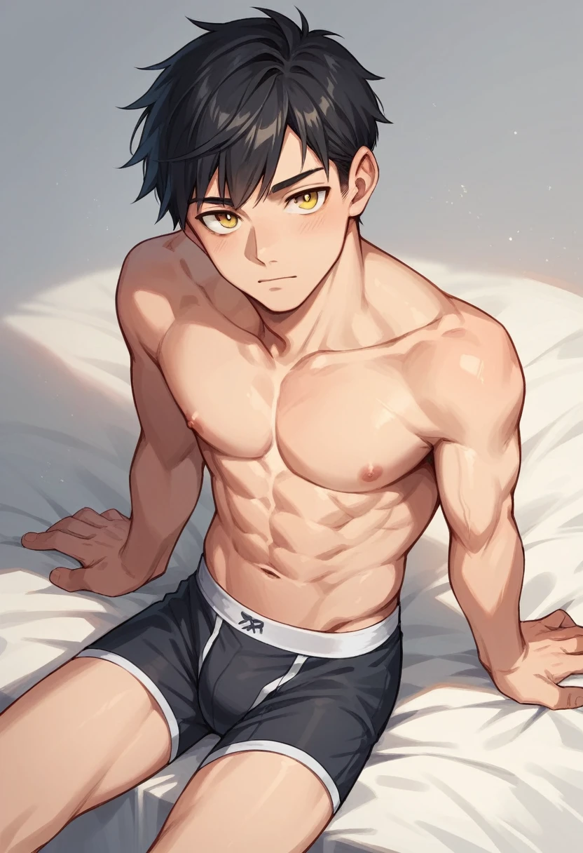 1 character sitting, Simpler, male gender, short black hair with side bangs, cute hair, seductive yellow eyes, perfectly friendly face, boxer briefs, view above the waist, Looking at the audience