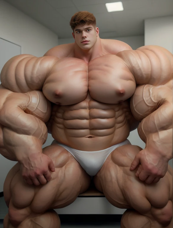 1boy, giant, alone, giant bodybuilder, illuminating light, strong body, bulk, large size, slouching on wall, in white laboratory studio, indoor, naked, nude, white triangular underwear, huge prominent bulge, extraordinary big, brutalmass, giant muscular body, bulk, buff, massive body, large meaty body size, extremely wide body