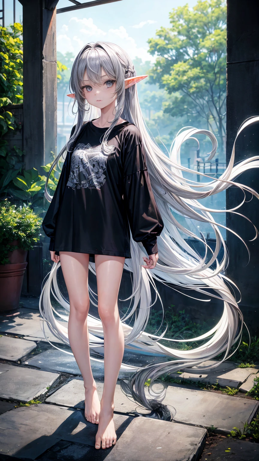 Elf Girl、8-year-old、Medium-long silver hair、Silver Eyes、Only a big black short-sleeved T-shirt、No bottoms worn、barefoot、Seductive expression、whole body、Standing posture