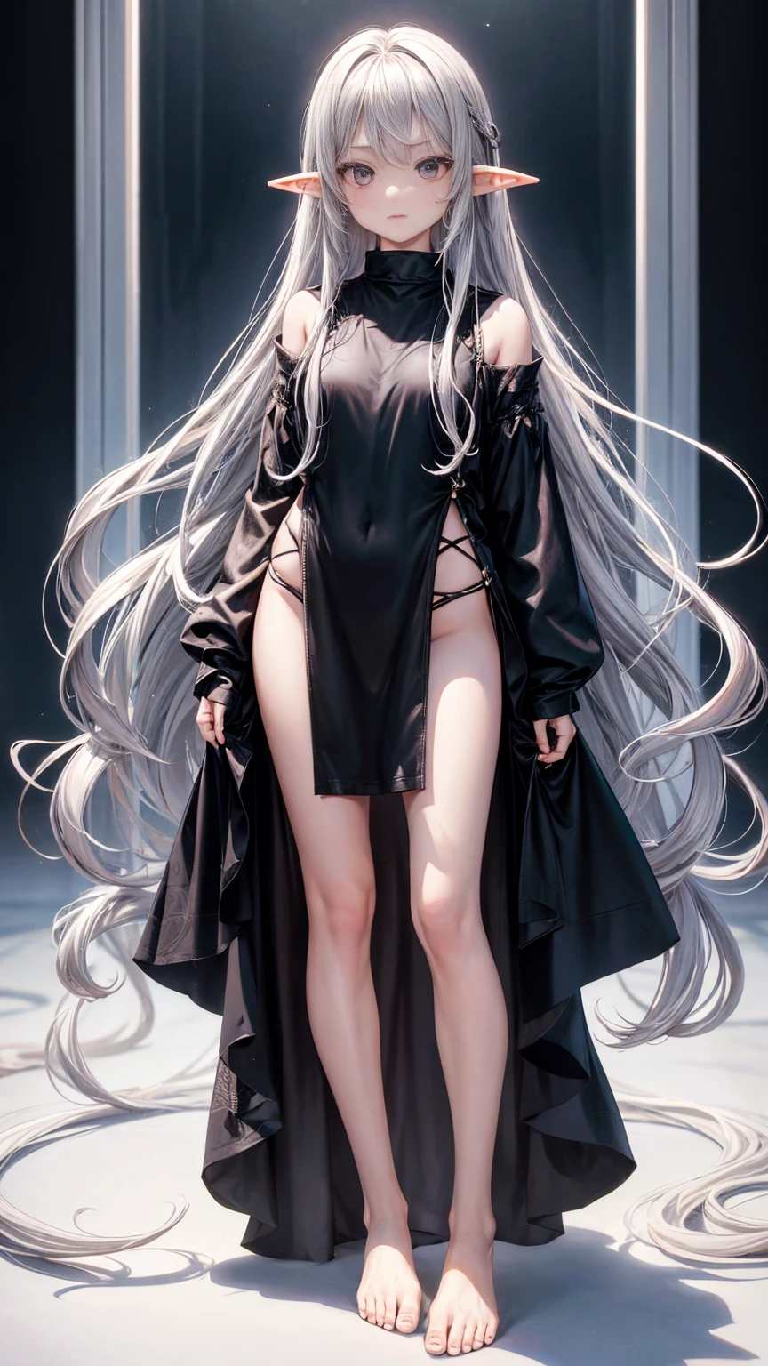 Elf Girl、8-year-old、Medium-long silver hair、Silver Eyes、Only a big black short-sleeved T-shirt、No bottoms worn、barefoot、Seductive expression、whole body、Standing posture