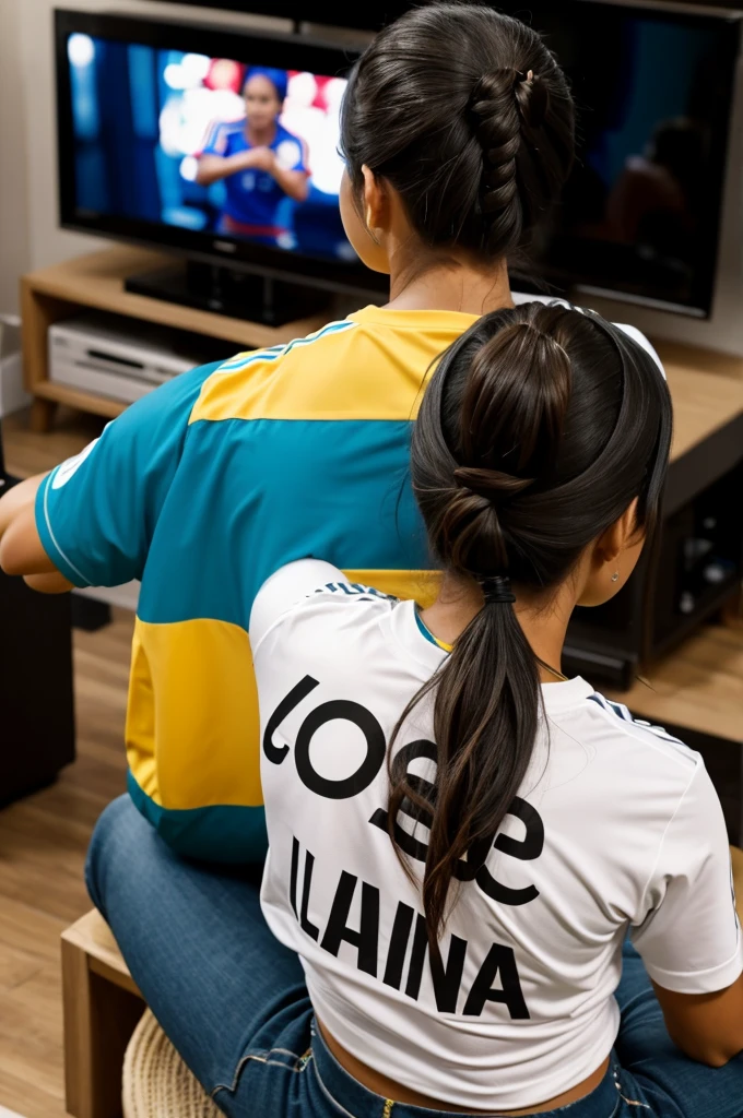 woman from behind with hair tied up wearing Colombia t-shirt with the name Camila watching soccer game on giant television with friends celebrating and beers in hand