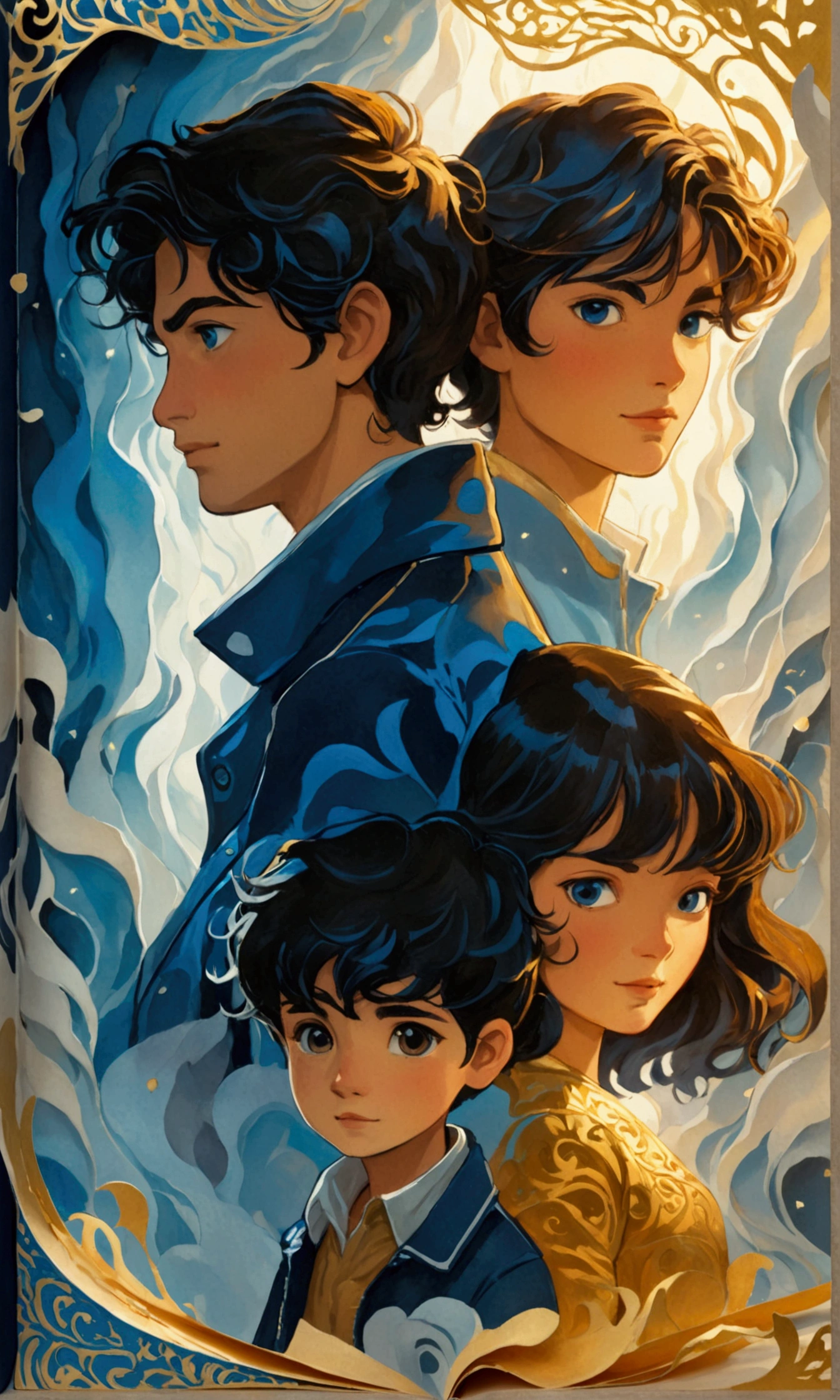 POV, a gold pages pop up book with a papercut family crafted in the pages. holded by man with blue jacket. In the background the dark room glows with golden and blue light waves of the book, wind waves the mist of a dark room. Thick wavy Brush strokes, Digital illustration, brush strokes, watercolor, dreamy atmosphere, close up, (best quality, masterpiece) intricate gold patterns in the book