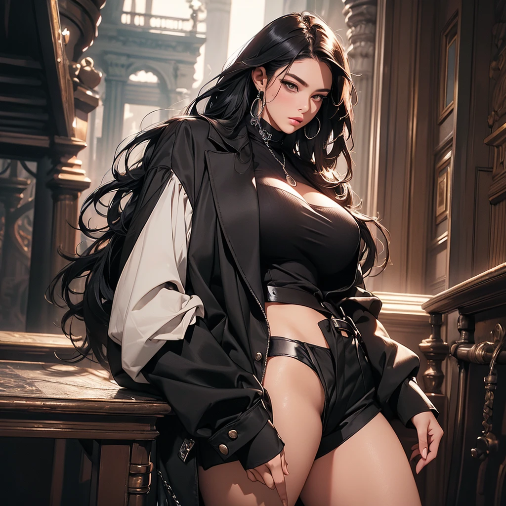 ultra-detailed, elegant pose, expressive eyes, sensual lips, silky smooth skin, flowing dark hair, graceful posture, stunning beauty, tranquil atmosphere, professional photography, sharp focus, HDR, fine art, exquisite lighting, bokeh, vivid colors, rich textures, high-res masterpiece:1.2, contrasting light and shadow, Long Sleeves Backless Chains Notched Collar Blazer Outerwear,Punk Mask Liquid Irregular Silver Color Hollow Titanium Steel Pun,Black top,shorts,Big ass, big chest, big thigh , NSFW