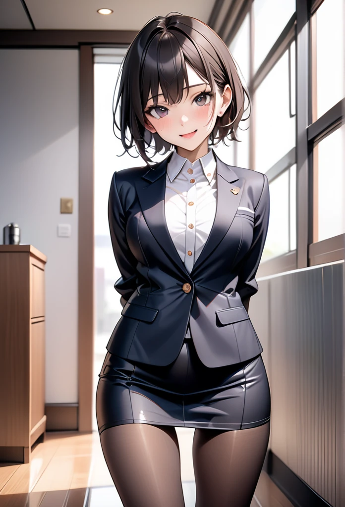 ((skirt suit)), ((cropped jacket)), ))Pencil skirt)), (black pantyhose), skindentation, skinny, solo, 1 woman, Masterpiece, highest quality, highest quality, 16K, incredibly absurd, highly detailed, 2.5D, ai-generated, delicate and dynamic, very delicate facial expressions, delicate eye depiction, erotic, only sexy woman, ((A cute and kind face)), healthy figure, 25-year-old woman, 160cm tall, medium firm swaying bust, (dark hair), black eye, blush, Sweat,Embarrassed,sexy, ((thin thighs)), (camel toe:0.8), (Erect nipples:0.7), ((shiny and lustrous)), facing straight at viewer, smile, (standing), cowboy shot, (arms behind back),