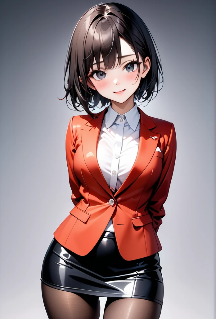 ((skirt suit)), ((cropped jacket)), ))Pencil skirt)), (black pantyhose), skindentation, skinny, solo, 1 woman, Masterpiece, highest quality, highest quality, 16K, incredibly absurd, highly detailed, 2.5D, ai-generated, delicate and dynamic, very delicate facial expressions, delicate eye depiction, erotic, only sexy woman, ((A cute and kind face)), healthy figure, 25-year-old woman, 160cm tall, medium firm swaying bust, (dark hair), black eye, blush, Sweat,Embarrassed,sexy, ((thin thighs)), (camel toe:0.8), (Erect nipples:0.7), ((shiny and lustrous)), facing straight at viewer, smile, (standing), cowboy shot, (arms behind back),
