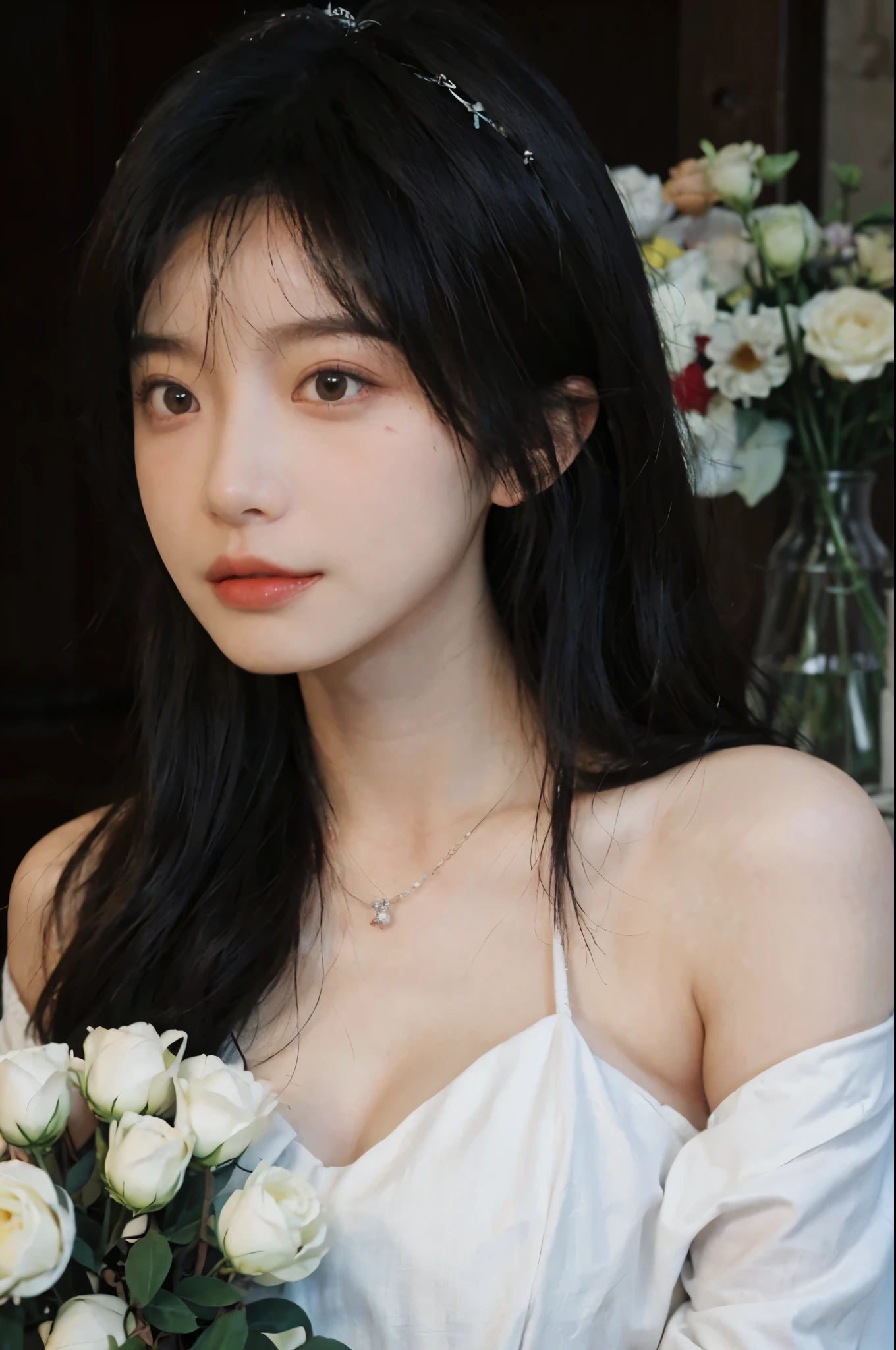 Portrait photography，1 girl，White背景，Flowers，White婚纱，White，Beautiful wedding dress，Bare shoulders，Lipstick，(Big Breasts:1.6)，Shoulder-Length Wavy Hair，Wear a necklace，Headband，serene，calm，(Realistic and detailed eyes，Natural skin texture，Realistic facial details)，