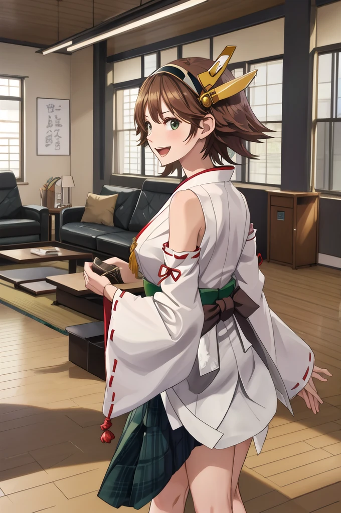 Highest quality, masterpiece, High resolution, ((Perfect hands, Perfect Legs, Perfect Anatomy)), ((一人in)), {Hiei Kai-2_Fleet Collection:1.15}, brown_hair, short_hair, hairband, headgear, Non-traditional_Shrine maiden, smile, green_eye, Inverted up_hair, Open_mouth, One girl, independent_sleeve, Japanese_Clothes, Looking_in_Audience, ribbon-trimmed_sleeve, ribbon_trim, whole body, , (indoor, office, living room),